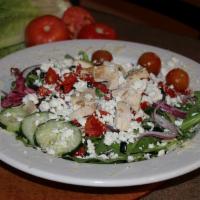 Mediterranean Salad · Romaine and spring mix topped with brick fired chicken, cherry tomatoes, cucumbers, red onio...