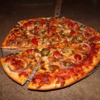 Tuscan Sun Pizza · House red with pepperoni, spicy Italian sausage, red onion, jalapenos, cherry peppers and mo...