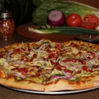 Chicken Mediterranean Pizza · Pesto base with brick fired chicken, spinach, red onion, sun-dried tomatoes and mozzarella.