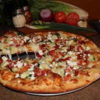 Italian Veggie Pizza · Olive oil base with spinach, sun-dried tomatoes, artichoke hearts, mushrooms, zucchini, dice...