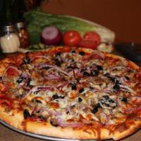 Combo Pizza · Pepperoni, Italian sausage, mushrooms, olives and red onions. Hand made dough is west coast ...
