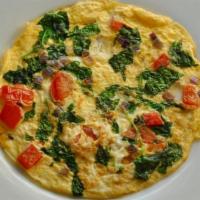 Veggie Omelette · 3 eggs with spinach, onions, tomatoes and bell peppers.  Tasty and healthy.  A house favorite!