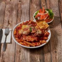 Chicken Parmigiana · Includes choice of spaghetti, ziti or garden salad. 