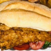 Chicken Burger · Burger made with deli mustard, mayo, red onion, tomatoes and lettuce. Served with fries and ...