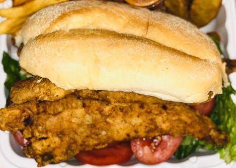 Chicken Burger · Burger made with deli mustard, mayo, red onion, tomatoes and lettuce. Served with fries and your choice of cold side.