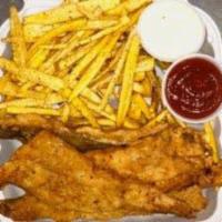Tilapia · Served with french fries and your choice of potato salad or macaroni salad.