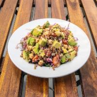 Quinoa Salad Bowl · Quinoa, farro, marinated beans, red cabbage, chickpeas, avocado, pepper, lemon, olive oil an...