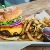 Green Rock Burger · 8oz Burger, Lettuce, Tomato, Onion & American Cheese.