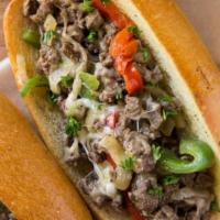 Philly Cheesesteak Sandwich · Steak, cheese, peppers and caramelized onion sandwich. 