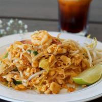 Pad Thai · Choice of protein, rice noodles, egg, peanuts, spicy tofu, bean sprouts and scallions.