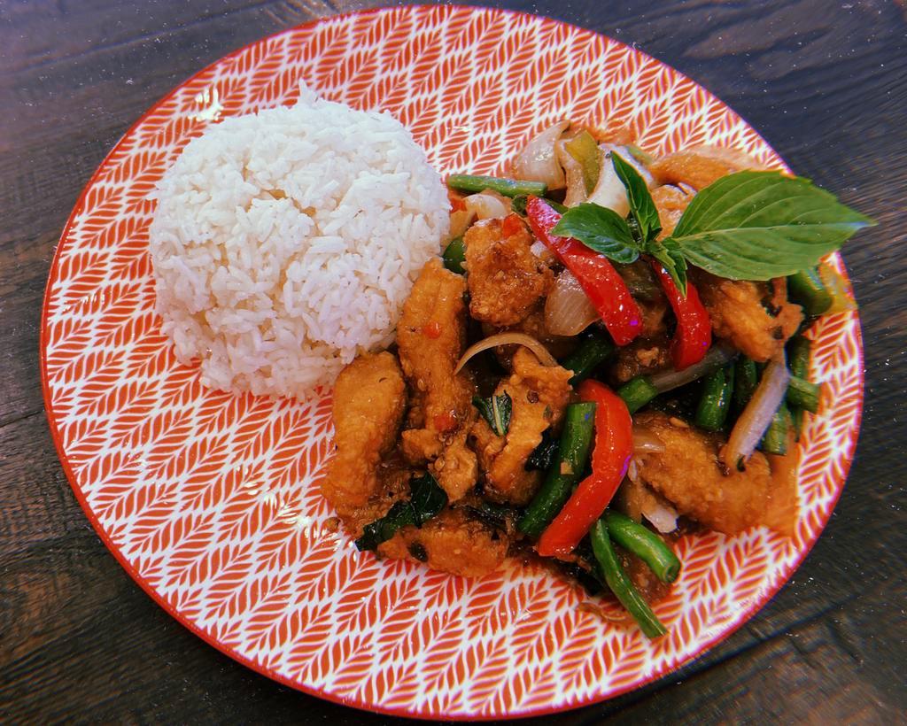Basil Crispy Fish Fillet 🌶 · chili, garlic, onion, basil, bell peppers & homemade sauce. Served with rice 