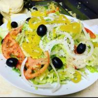 Regular Salad · Iceberg Lettuce, Cherry Tomato, Red Onion, Banana Peppers, Cucumber, Kalamata Olives Topped ...