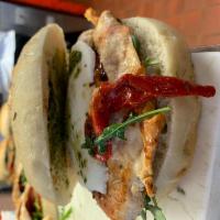 Homemade Panini · Grilled chicken, fresh mozzarella, roasted peppers, arugula with balsamic dressing and pesto...