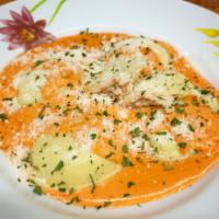 Lobster Ravioli Dinner · Lobster Ravioli with Vodka Sauce Topped with Fresh Parsley and Parmesan