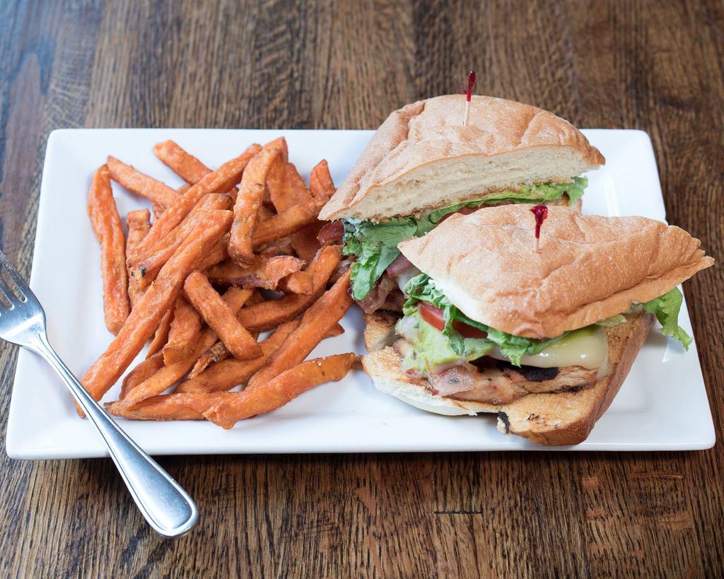 California Chicken Sandwich · Grilled chicken topped with Swiss cheese, bacon, guacamole, lettuce, tomatoes and mayo.
