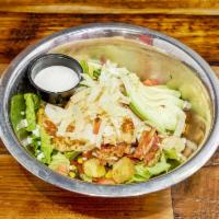Grilled Chicken Salad · Bacon, avocado, corn salsa, shredded cheese, diced tomatoes, and tortillas chips. Choice of ...