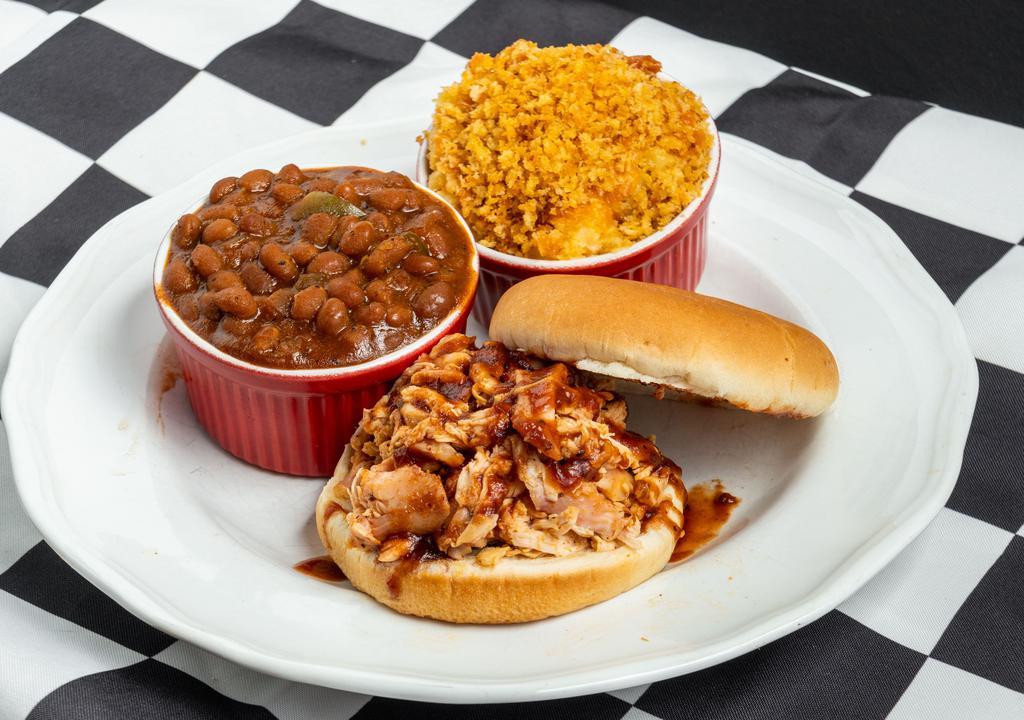 62. Pulled Chicken Sandwich · Victory Lane BBQ’s Smokin’ Chicken rubbed whole chickens pulled to perfection.  Comes with our delicious Cole Slaw and Award-Winning BBQ Sauce.  PLUS one of our Signature Sides.
