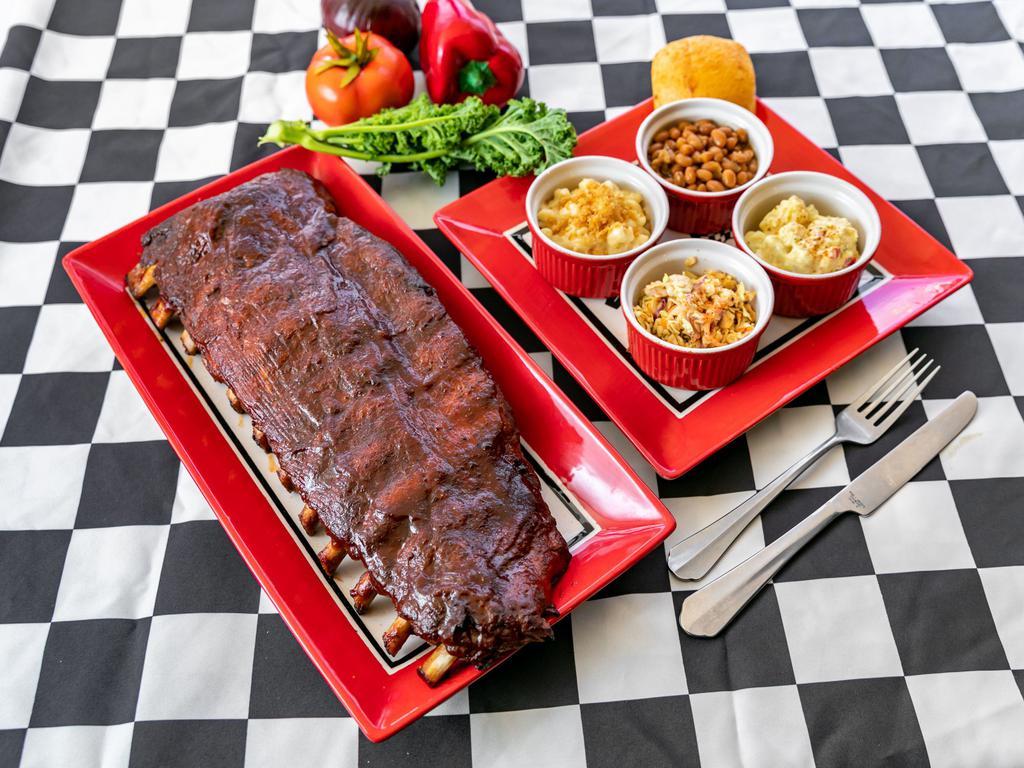 104. Full Slab Rib Plate Deluxe · Full Slab of Baby Back Ribs with 4 of our Signature Sides and a choice of our Award-Winning BBQ Sauce!!