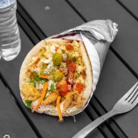2. Chicken Shawarma Gyro · Shredded chicken with pita bread, garlic sauce, tomato, onion, lettuce. hummus and pickles.