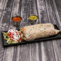 54. Al Pastor Burrito · Marinated pork steak with pineapple. Served with rice, beans, lettuce, cream, cheese and pic...