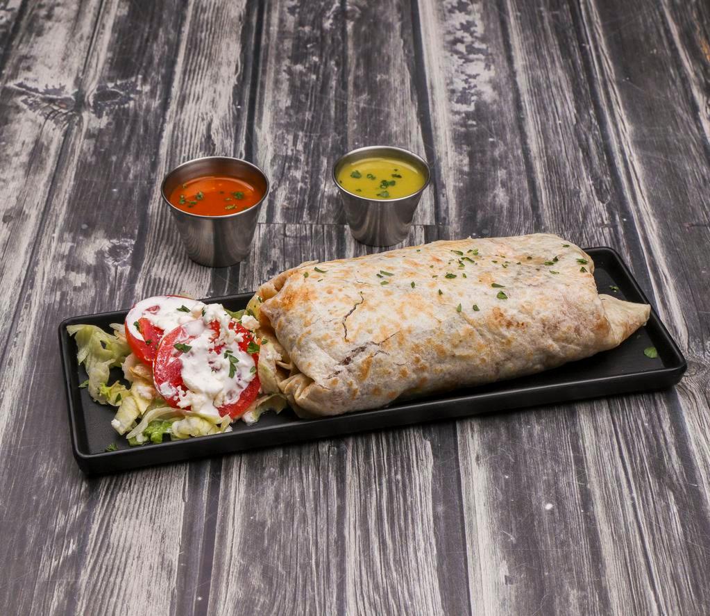 54. Al Pastor Burrito · Marinated pork steak with pineapple. Served with rice, beans, lettuce, cream, cheese and pico de gallo. 
