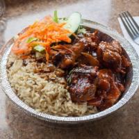 BBQ Chicken · Includes rice and your choice of side. 