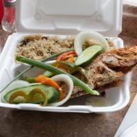 Escovitch Fish · Includes rice and your choice of side. 
