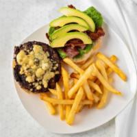The Cobb Burger · Creamy Gorgonzola cheese, smoked bacon and avocado. Served on a brioche bun with hand-cut fr...