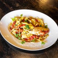 Chicken Artichoke · Chicken sauteed with roasted pepper, artichoke, capers and garlic over pasta. Served with  s...