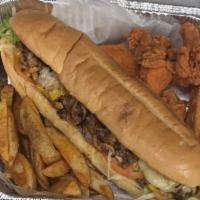 Large Steak Sub, 4 Wings & potatoe wedges Special · Large philly steak and cheese with up to 9 toppings, 4 wings with your choice of sauce and p...
