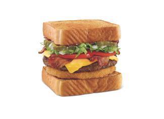 Bacon Cheeseburger TOASTER® · 100% Pure Beef | BBQ Sauce | Bacon | Onion Ring | Chopped Onion | Lettuce | Tomato | Pickles