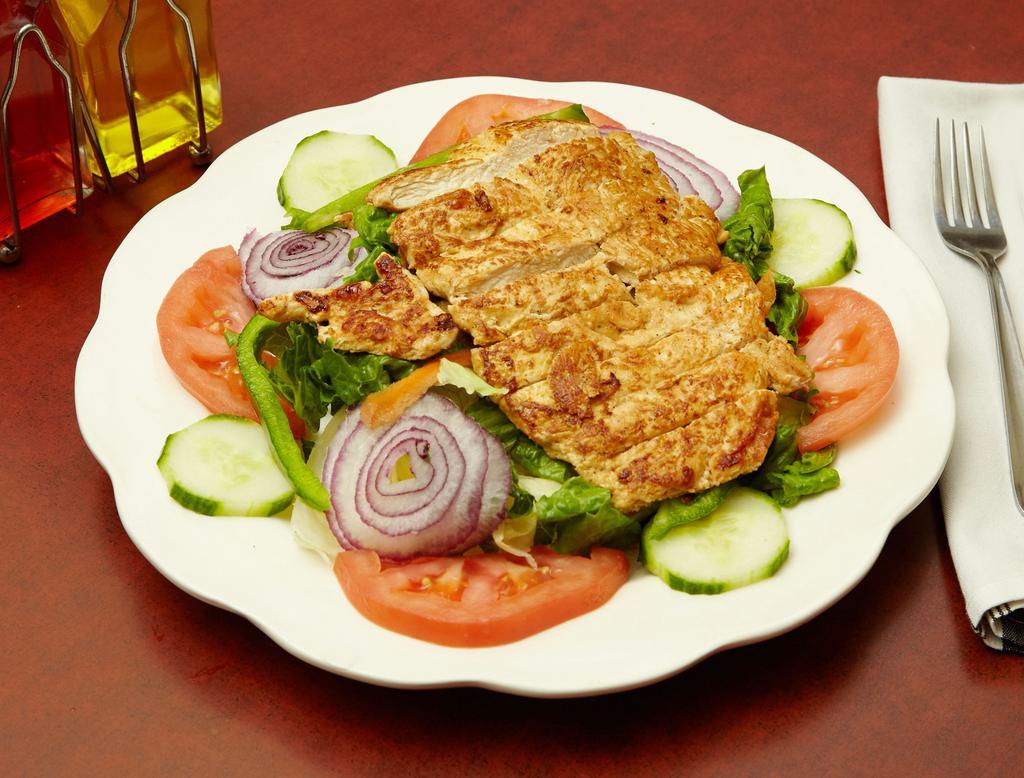 Grilled Chicken Caesar Salad · Sliced grilled chicken, romaine lettuce, croutons and Caesar dressing.