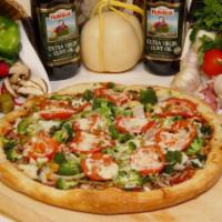 Primavera Pizza · Mushrooms, peppers, onions, spinach, broccoli, tomatoes, and extra cheese. Vegetarian.