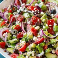 Greek Salad · Feta cheese, lettuce, tomatoes, green peppers, pepperoncini, onions, Kalamata olives and cuc...