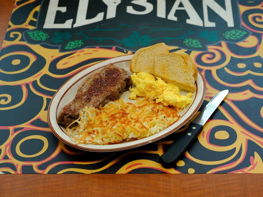 12 oz. New York Steak and Eggs Breakfast · A 12 oz. steak cooked to perfect temperature your choice of eggs. Served with hash browns and toast.