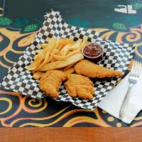 Chicken Strips · A basket of 3 chicken strips with your choice of side.