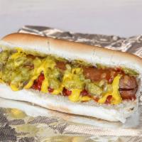 Regular Beef Hot Dog · Topping choices: onions, ketchup, mustard and relish.