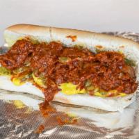 Beef Chili Dog · Topping choices: onions, mozzarella cheese, mustard.
