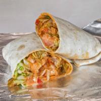Buffalo Blue Wrap · Topping choices: onion, green peppers, tomato, lettuce and blue cheese dressing.