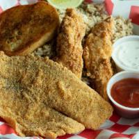 2 Tenders and 1 Fish · 2 chicken tenders served combined with your choice of a fried piece of tilapia or catfish.