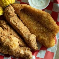 4 Tenders and 1 Fish · 4 chicken tenders served combined with your choice of a fried piece of tilapia or catfish.