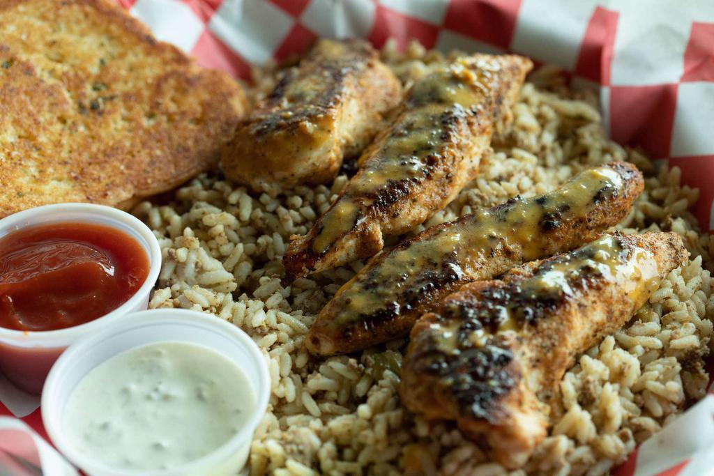 5 Tenders and Etouffee · 5 fried or blackened tenders served with our famous crawfish or shrimp etouffee on the side for of white or dirty rice.