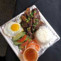 V4. Grilled Short Ribs and Rice  · Cơm sườn nướng. grilled tender beef short rib served with jasmine rice, fresh vegetables, pi...