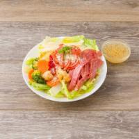 Antipasto Salad · Virgin olive oil garlic brushed, vegetables roasted and chilled with salami and pepperoni wi...