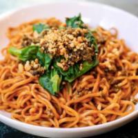 Dan dan noodles w. minced pork 担担面 · Ingredients: noodle, snow pea sprouts, sesame paste, sesame, chili oil