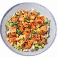 Ray Grilled Salmon Bowl · Grilled salmon, cucumber, Korean BBQ sauce, corn, scallion, pickled radishes and ginger,  se...