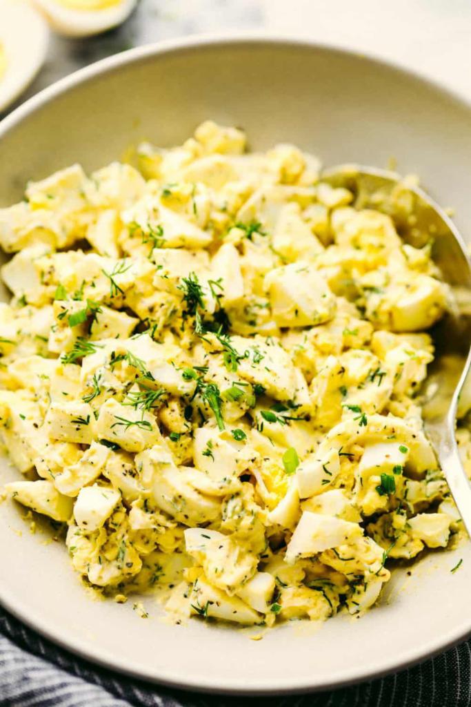 Egg salad · Chopped eggs that have been mixed with seasoning and mayo.