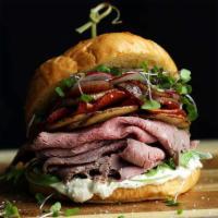 Roast beef  · Sliced beef that has been cooked over dry heat.