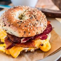 Bacon,egg & cheese on roll or bagel · Cured pork.