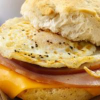 Ham,egg & cheese on roll or on a bagel · Cooked meat from the upper part of a pig's leg.